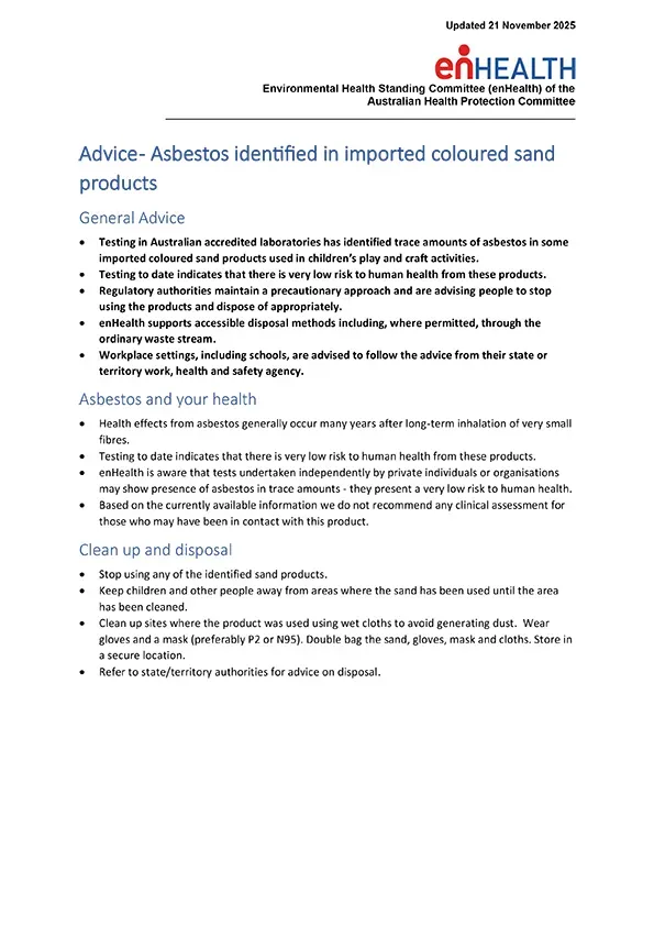 enHealth Advice – Asbestos contamination identified in imported coloured sand products