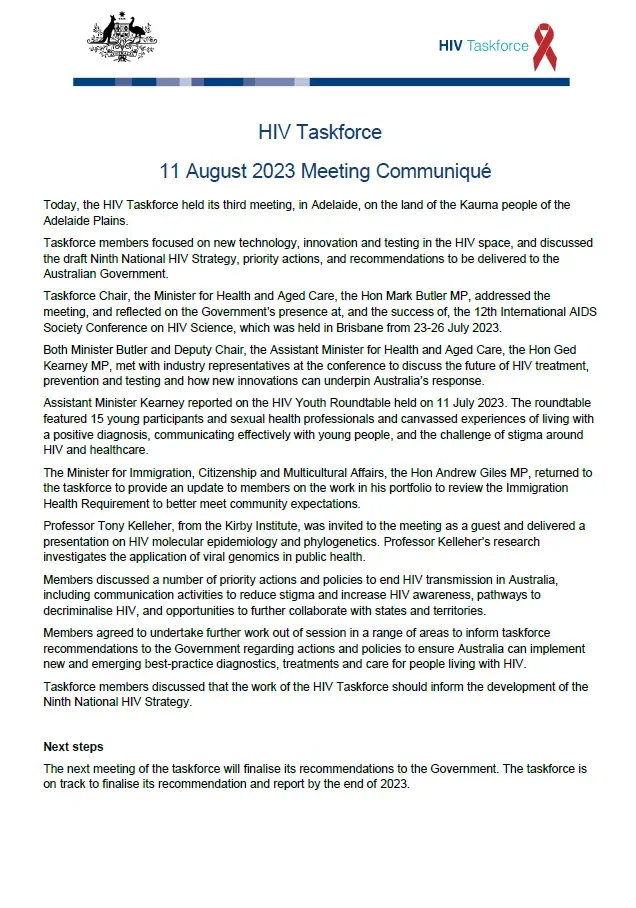 Human immunodeficiency virus (HIV) Taskforce communique – 11 August 2023