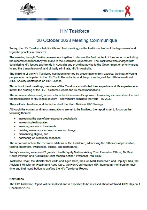 Human immunodeficiency virus (HIV) Taskforce communique – 20 October 2023