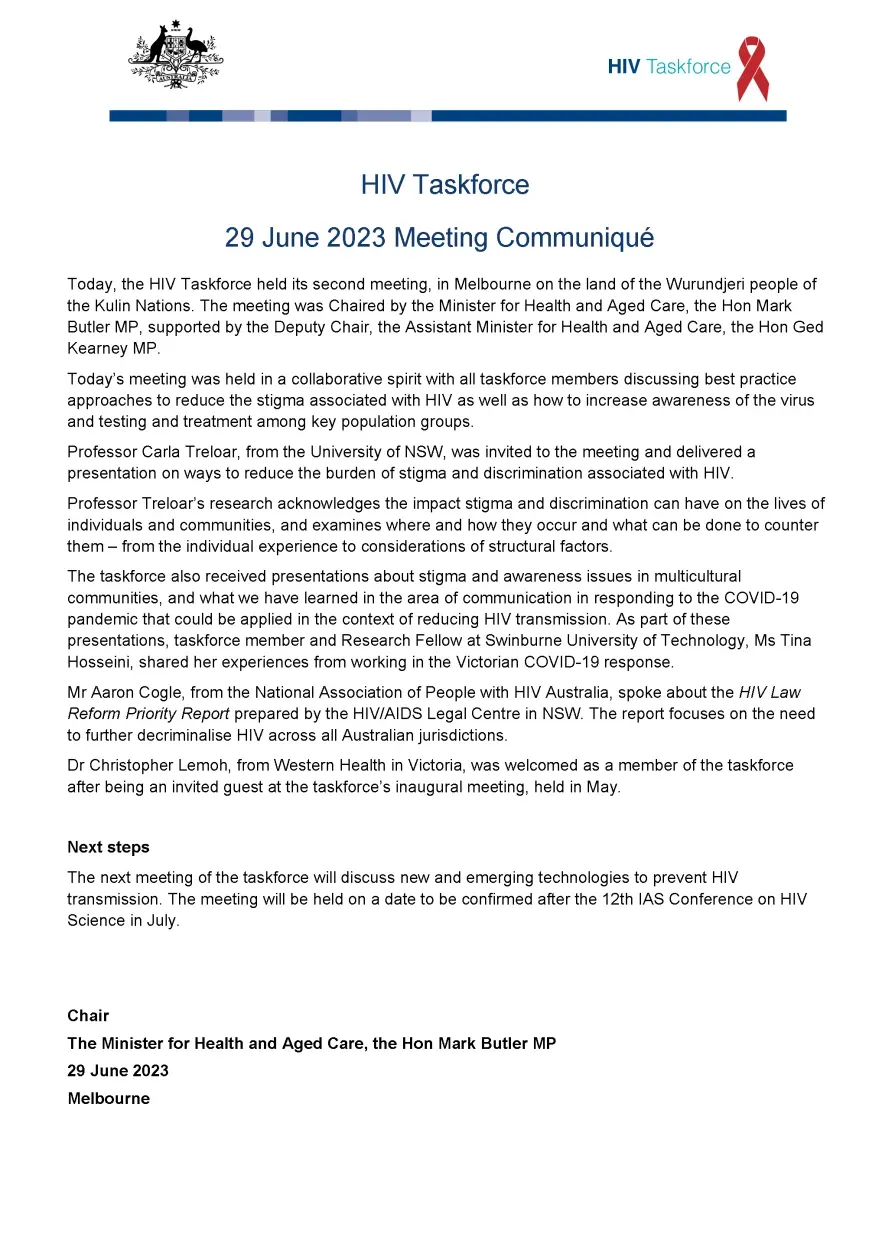 Human immunodeficiency virus (HIV) Taskforce communique – 29 June 2023