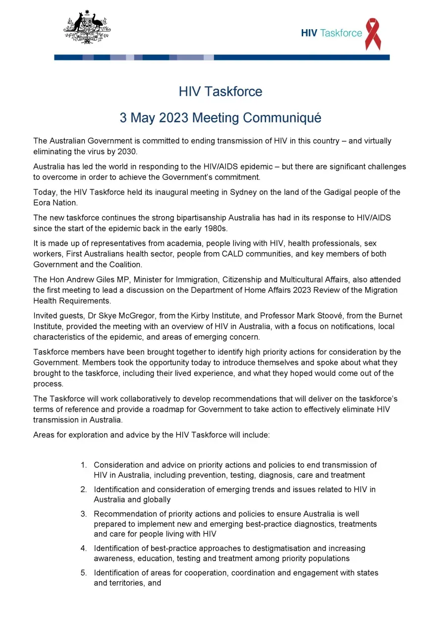Human immunodeficiency virus (HIV) Taskforce communique – 3 May 2023