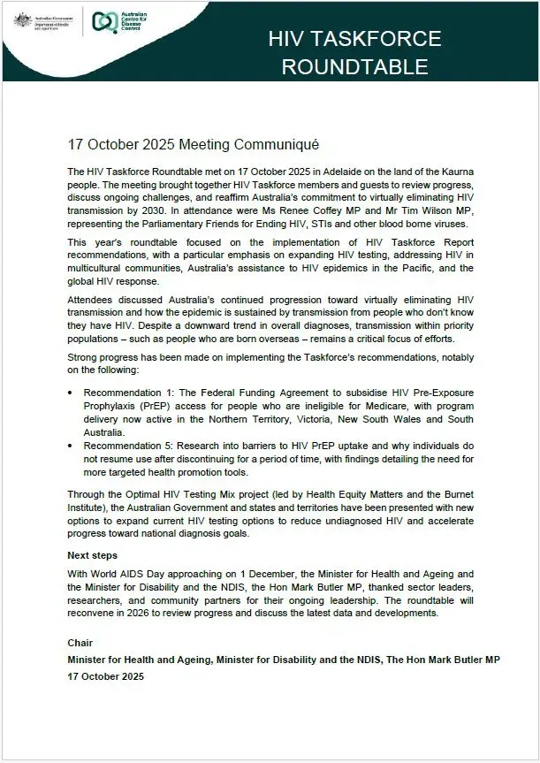 Human immunodeficiency virus (HIV) Taskforce Roundtable communique – 17 October 2025