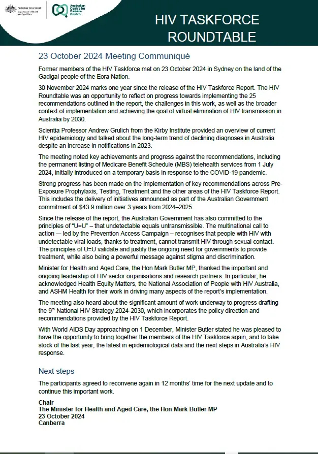 Human immunodeficiency virus (HIV) Taskforce Roundtable communique – 23 October 2024