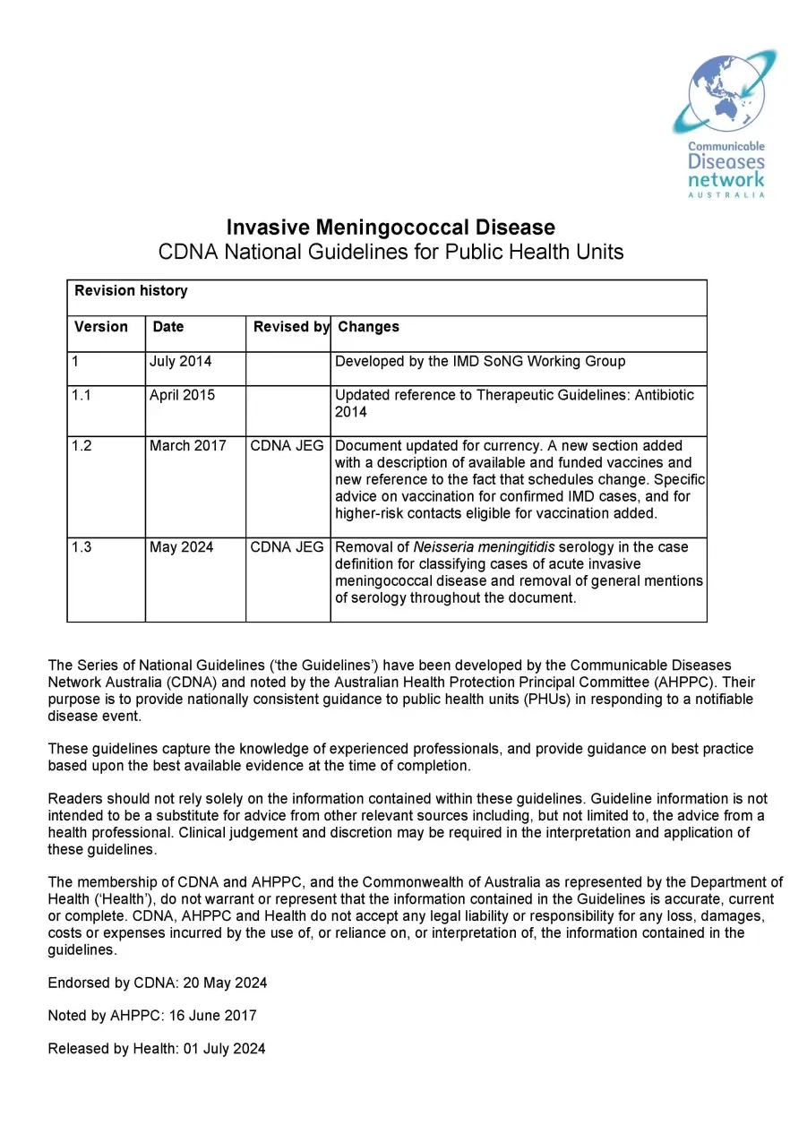 Invasive meningococcal disease – CDNA National Guidelines for Public Health Units