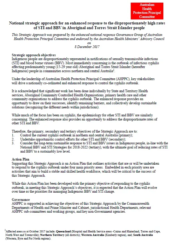 National strategic approach for an enhanced response to the disproportionately high rates of STI and BBV in Aboriginal and Torres Strait Islander people