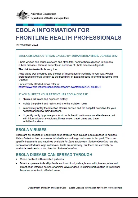 Ebola information for front line health professionals