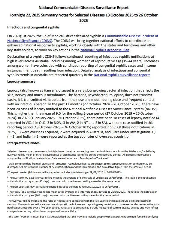 National Notifiable Diseases Surveillance System (NNDSS) fortnightly reports – 13 October 2025 to 26 October 2025