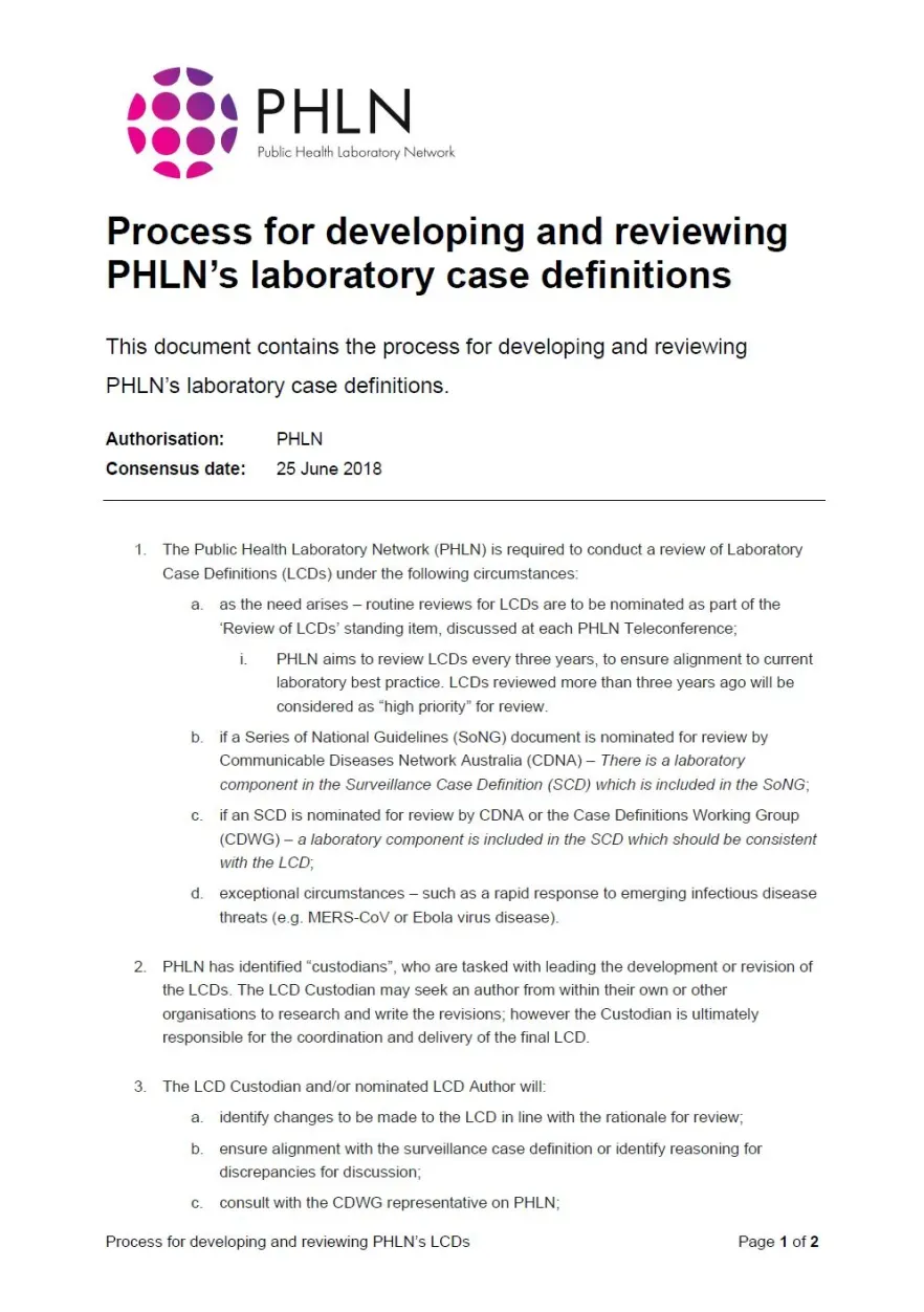 Process for developing and reviewing PHLN’s laboratory case definitions