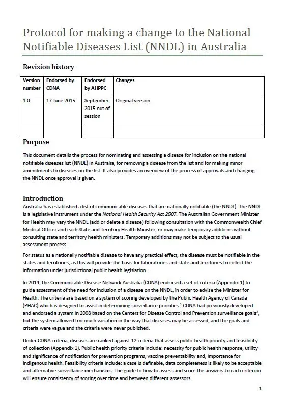 Protocol for making a change to the National Notifiable Diseases List in Australia