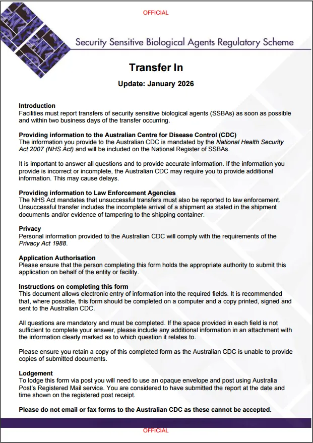 SSBA – Form – Transfer in an SSBA | Australian Centre for Disease Control