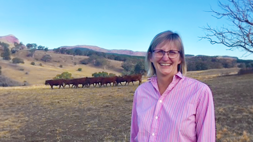 Dr Sarah Britton in a field with cattle