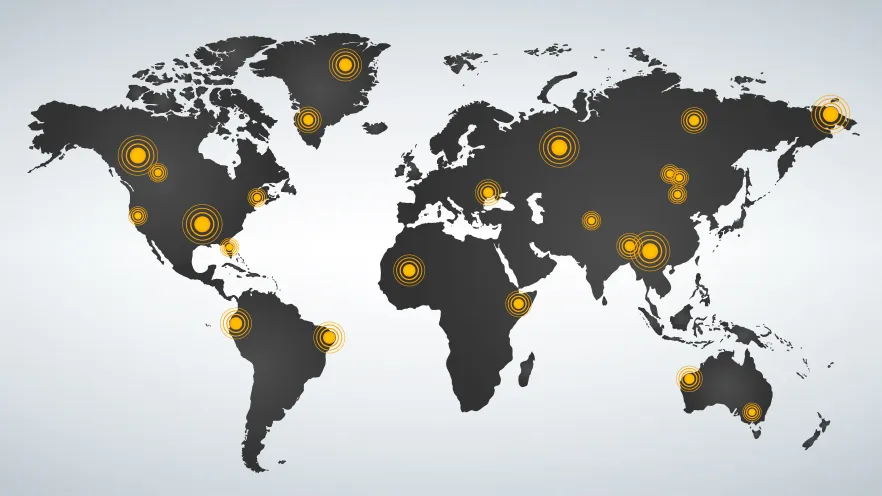 A map of the world with yellow highlighted dots in various areas 