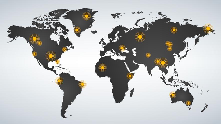 A map of the world with yellow highlighted dots in various areas 