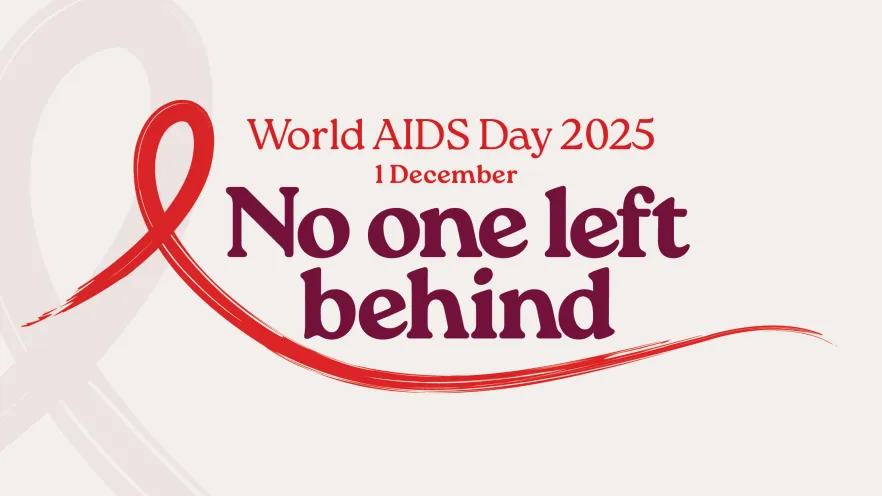 Image of the World Aids Day ribbon with the words "World Aids Day 2025. 1 December. No one left behind" 