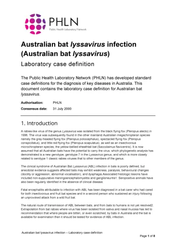 First page of laboratory case definition document