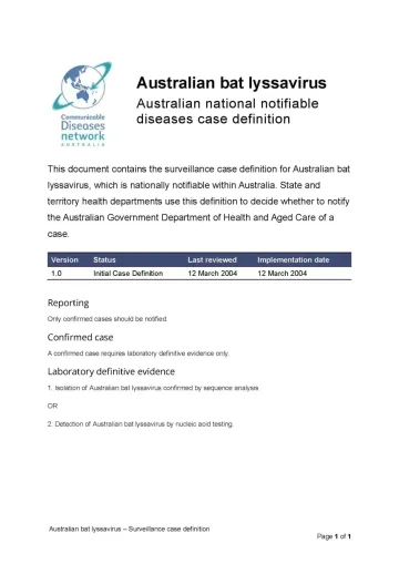 Australian bat lyssavirus infection surveillance case definition document