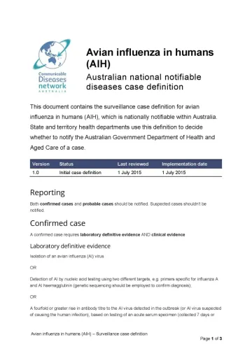 Avian influenza in humans - Surveillance case definition document