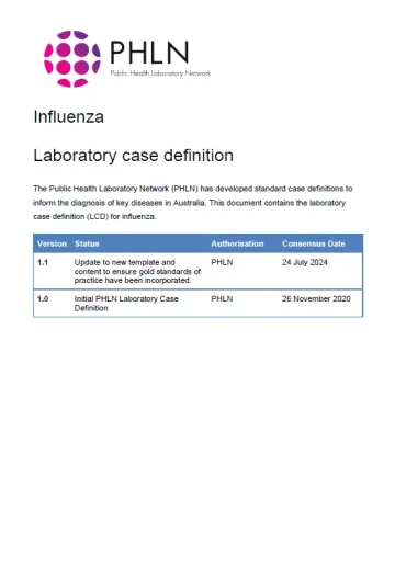 First page of laboratory case definition document