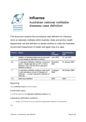 Influenza (laboratory confirmed) – Surveillance case definition document