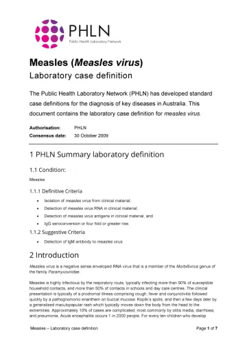 First page of laboratory case definition document