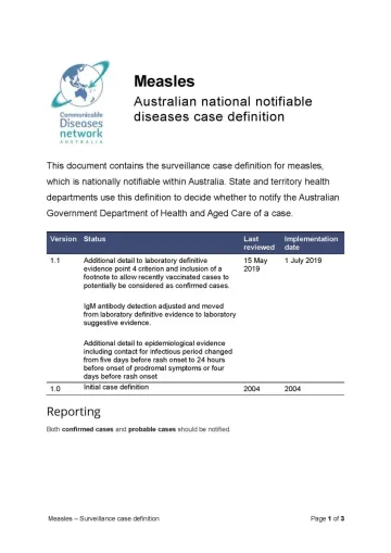 First page of surveillance case definition document