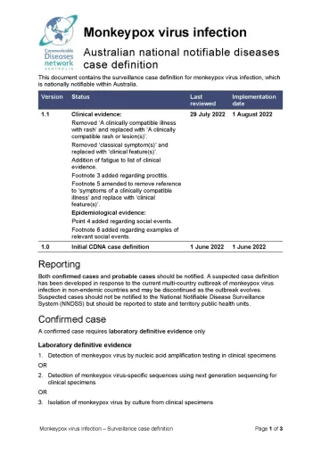 First page of surveillance case definition document