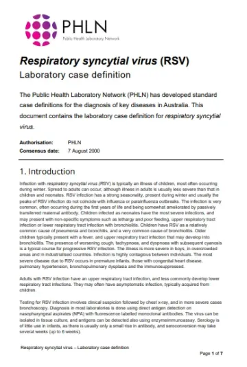 First page of laboratory case definition document