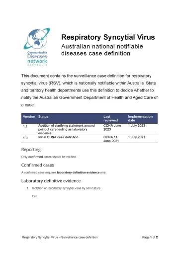 First page of surveillance case definition document