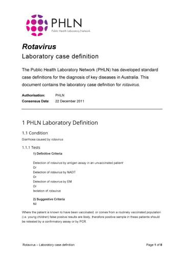 First page of laboratory case definition document