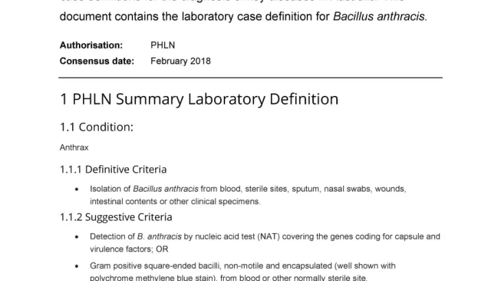 First page of laboratory case definition document