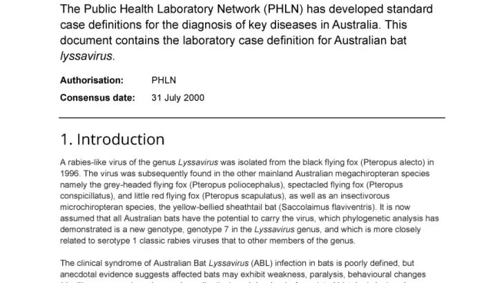 First page of laboratory case definition document