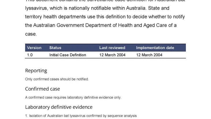 Australian bat lyssavirus infection surveillance case definition document