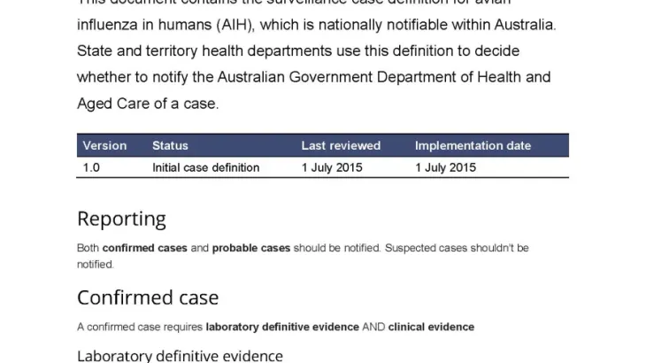 Avian influenza in humans - Surveillance case definition document
