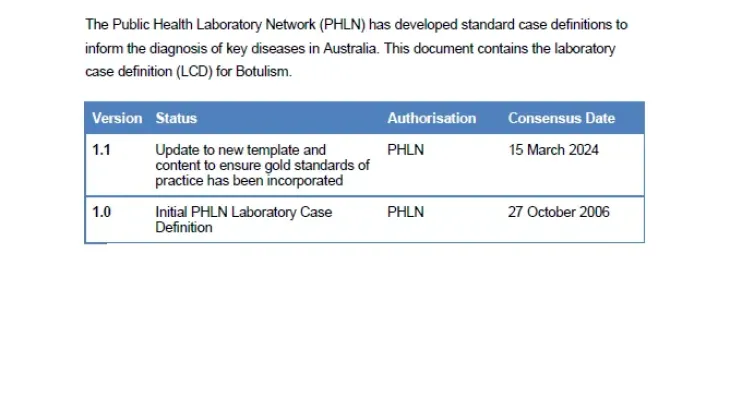 First page of laboratory case definition document