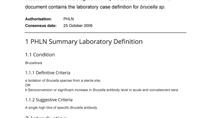 First page of laboratory case definition document
