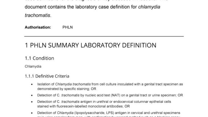 First page of laboratory case definition document