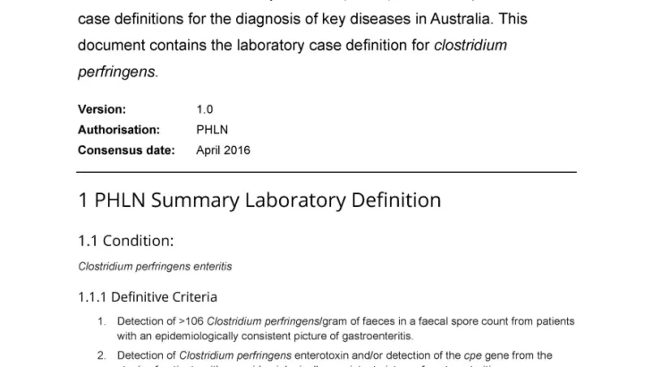 First page of laboratory case definition document