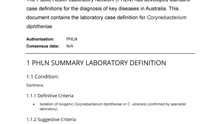 First page of laboratory case definition document