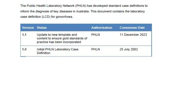 First page of laboratory case definition document
