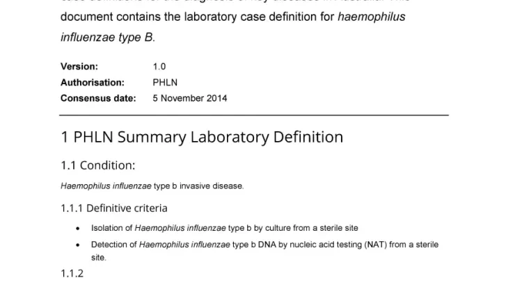 First page of laboratory case definition document