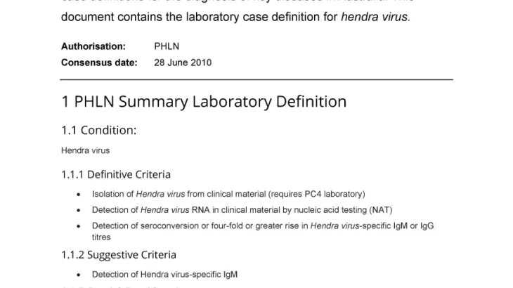 First page of laboratory case definition document