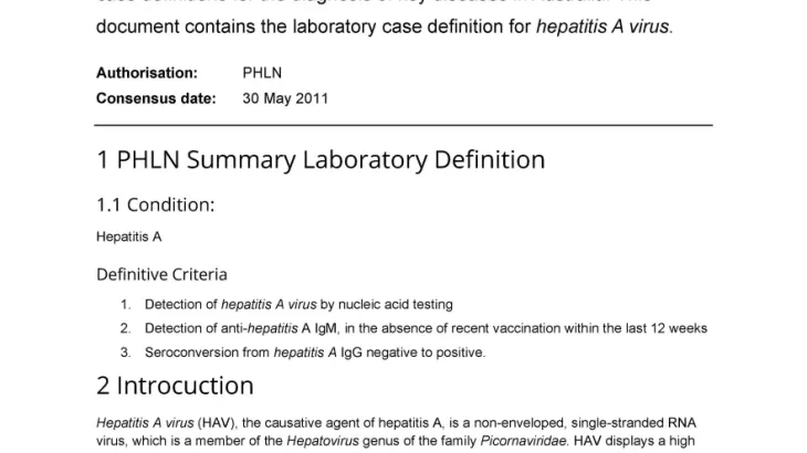 First page of laboratory case definition document