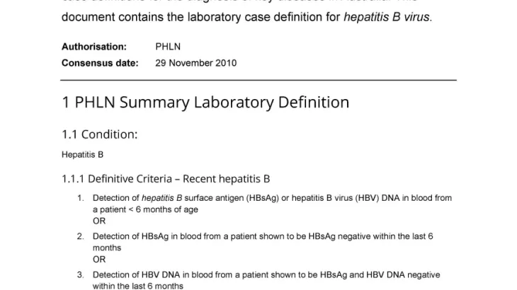 First page of laboratory case definition document