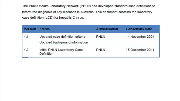 First page of laboratory case definition document