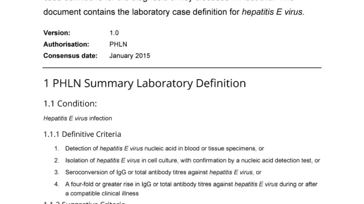 First page of laboratory case definition document