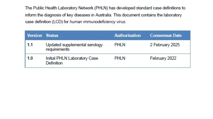 First page of laboratory case definition document