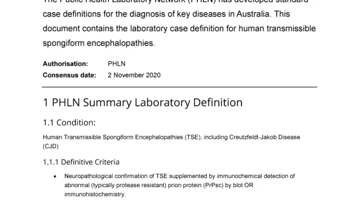 First page of laboratory case definition document