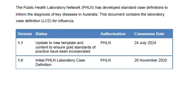 First page of laboratory case definition document