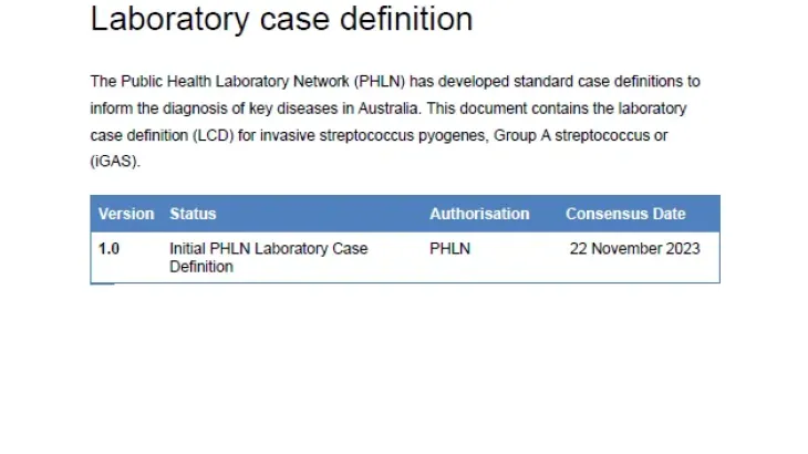 First page of laboratory case definition document