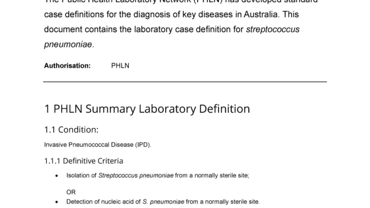First page of laboratory case definition document